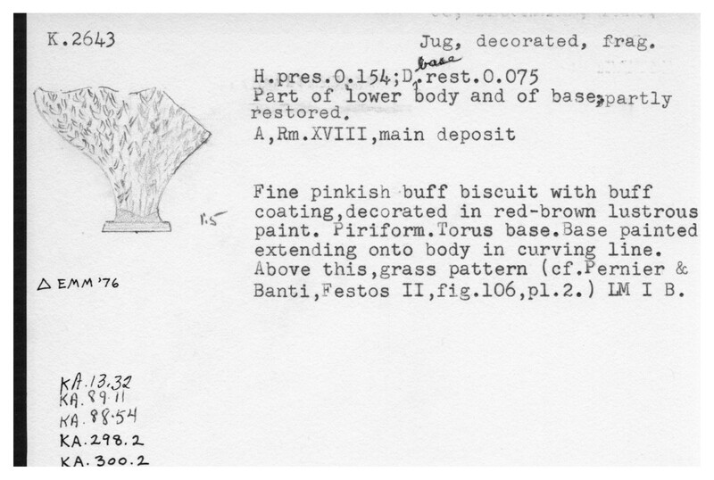 Index card with typed and handwritten information, sometimes including a sketch, of pottery from an excavation.