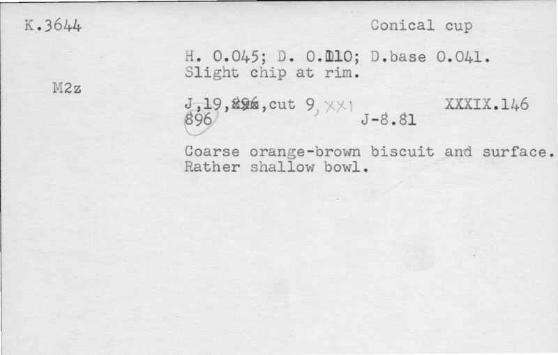 Index card with typed and handwritten information, sometimes including a sketch, of pottery from an excavation.