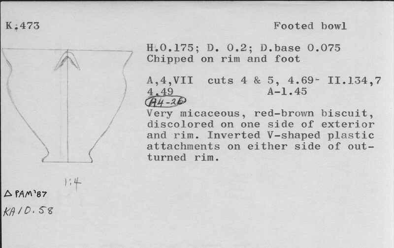 Index card with typed and handwritten information, sometimes including a sketch, of pottery from an excavation.