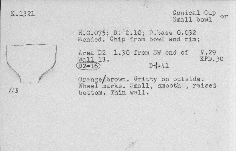 Index card with typed and handwritten information, sometimes including a sketch, of pottery from an excavation.