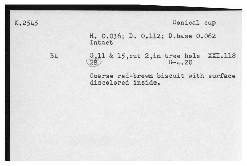 Index card with typed and handwritten information, sometimes including a sketch, of pottery from an excavation.