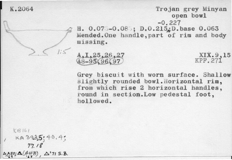 Index card with typed and handwritten information, sometimes including a sketch, of pottery from an excavation.
