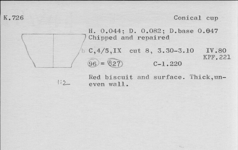 Index card with typed and handwritten information, sometimes including a sketch, of pottery from an excavation.