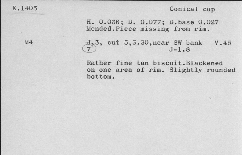 Index card with typed and handwritten information, sometimes including a sketch, of pottery from an excavation.