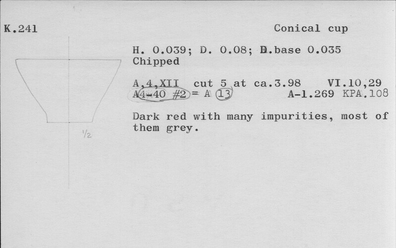 Index card with typed and handwritten information, sometimes including a sketch, of pottery from an excavation.