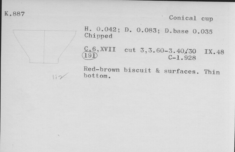 Index card with typed and handwritten information, sometimes including a sketch, of pottery from an excavation.