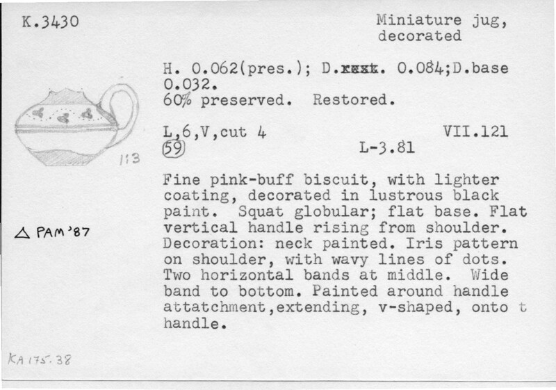 Index card with typed and handwritten information, sometimes including a sketch, of pottery from an excavation.