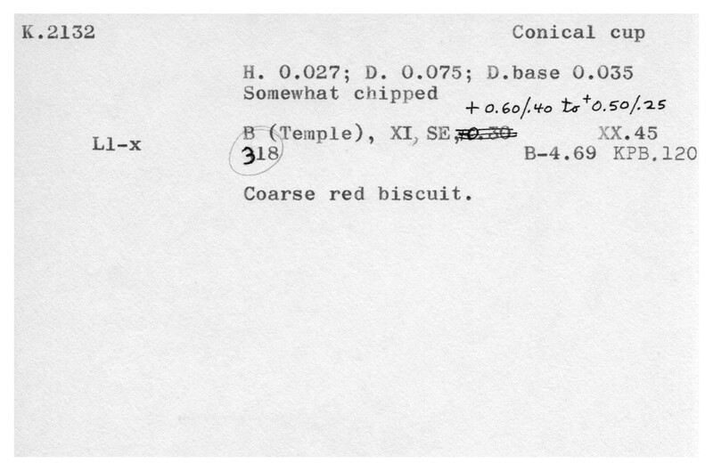 Index card with typed and handwritten information, sometimes including a sketch, of pottery from an excavation.
