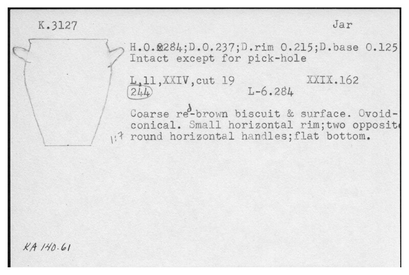 Index card with typed and handwritten information, sometimes including a sketch, of pottery from an excavation.