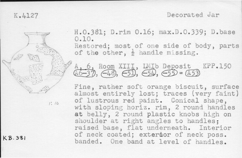 Index card with typed and handwritten information, sometimes including a sketch, of pottery from an excavation.