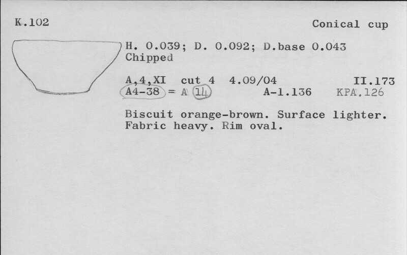 Index card with typed and handwritten information, sometimes including a sketch, of pottery from an excavation.