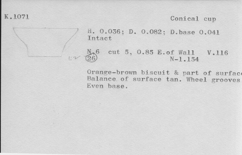 Index card with typed and handwritten information, sometimes including a sketch, of pottery from an excavation.