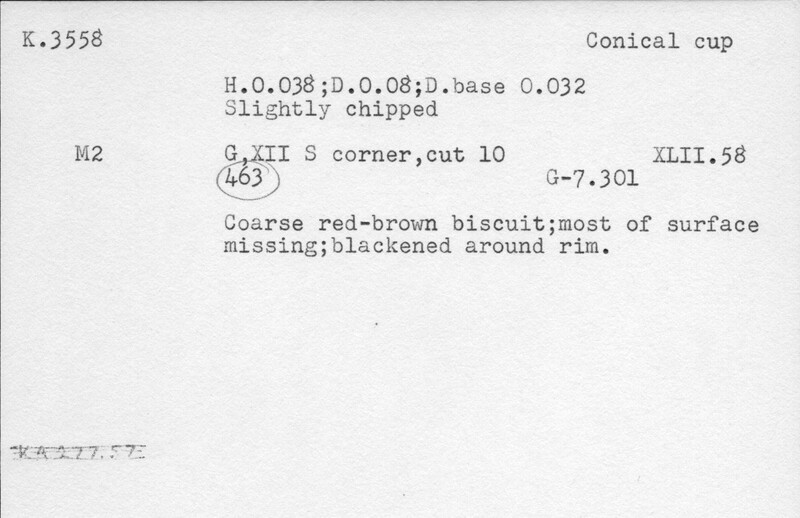 Index card with typed and handwritten information, sometimes including a sketch, of pottery from an excavation.