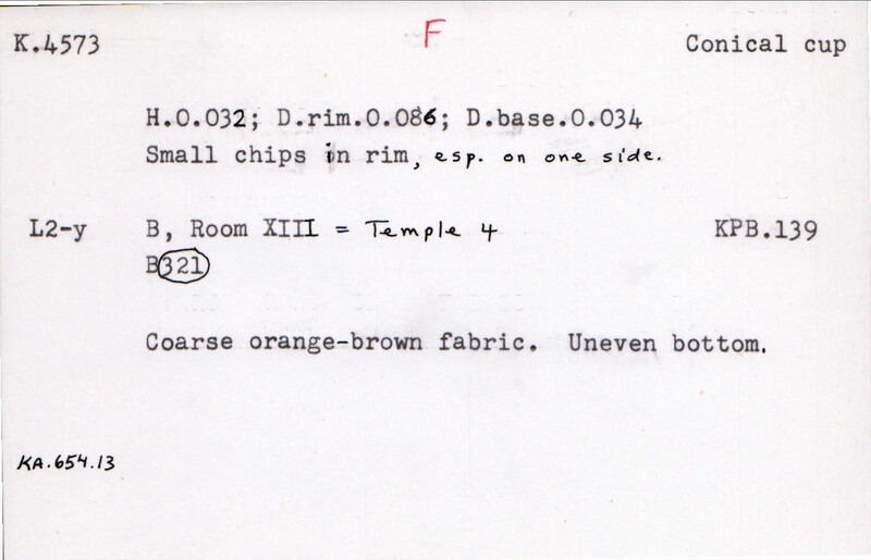 Index card with typed and handwritten information, sometimes including a sketch, of pottery from an excavation.