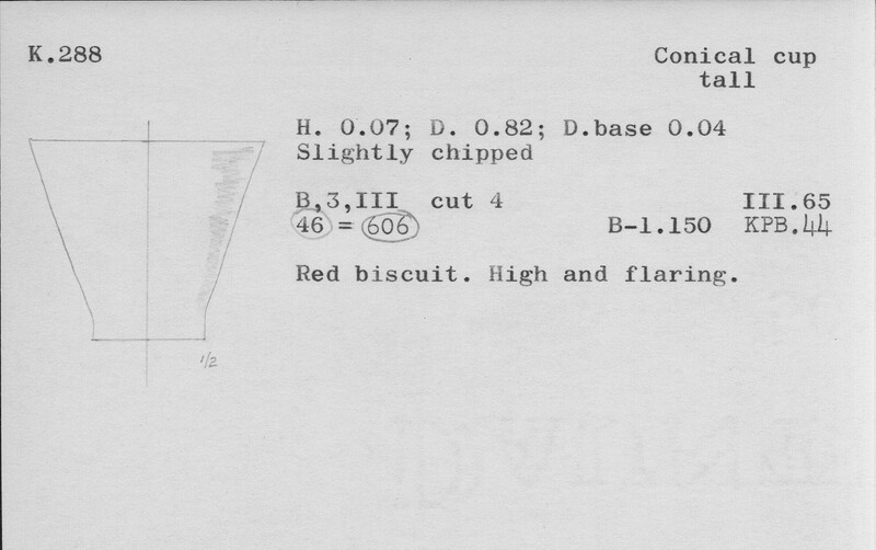 Index card with typed and handwritten information, sometimes including a sketch, of pottery from an excavation.