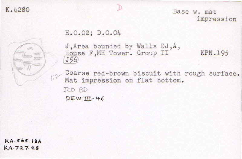 Index card with typed and handwritten information, sometimes including a sketch, of pottery from an excavation.