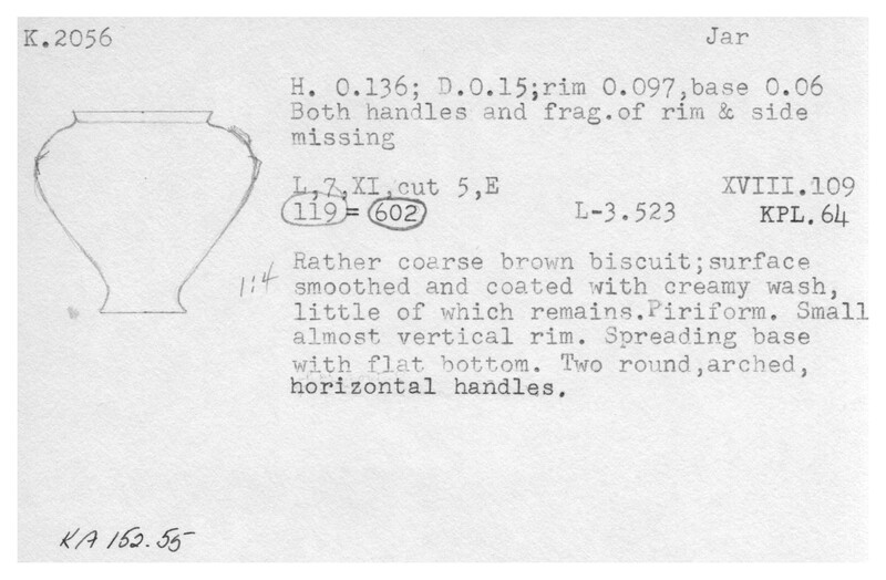 Index card with typed and handwritten information, sometimes including a sketch, of pottery from an excavation.