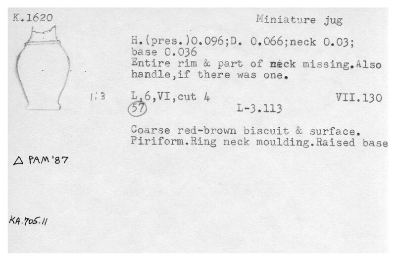 Index card with typed and handwritten information, sometimes including a sketch, of pottery from an excavation.