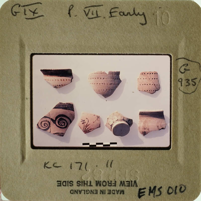 Photograph of ancient pottery shards with intricate designs on display.