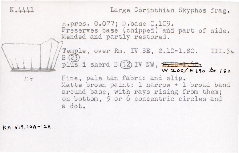 Index card with typed and handwritten information, sometimes including a sketch, of pottery from an excavation.