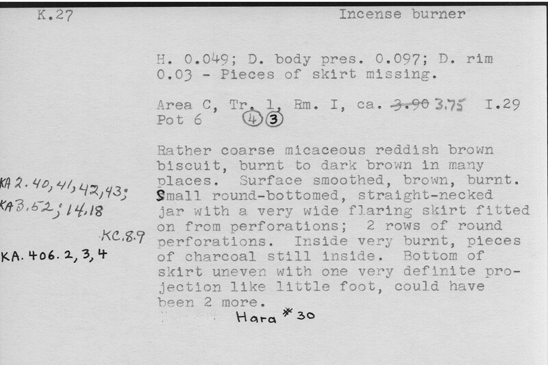 Index card with typed and handwritten information, sometimes including a sketch, of pottery from an excavation.