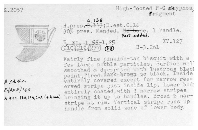 Index card with typed and handwritten information, sometimes including a sketch, of pottery from an excavation.