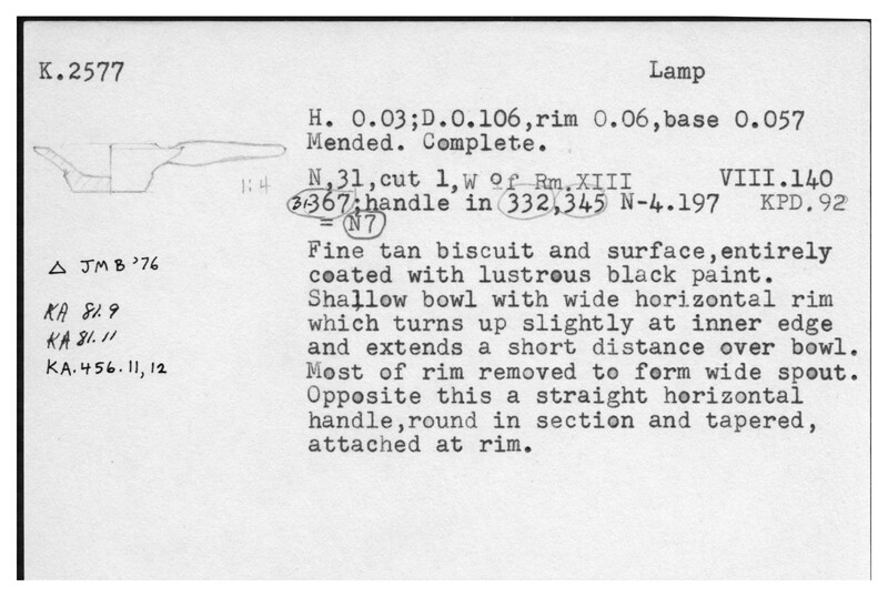 Index card with typed and handwritten information, sometimes including a sketch, of pottery from an excavation.