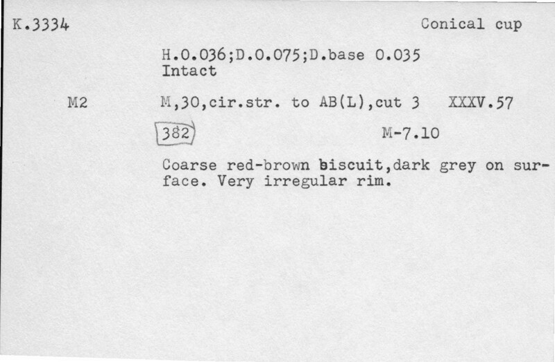 Index card with typed and handwritten information, sometimes including a sketch, of pottery from an excavation.