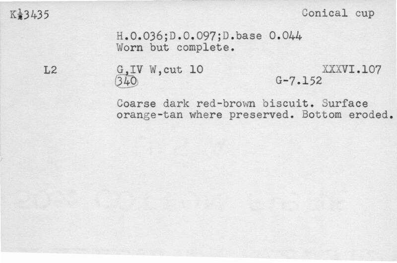 Index card with typed and handwritten information, sometimes including a sketch, of pottery from an excavation.