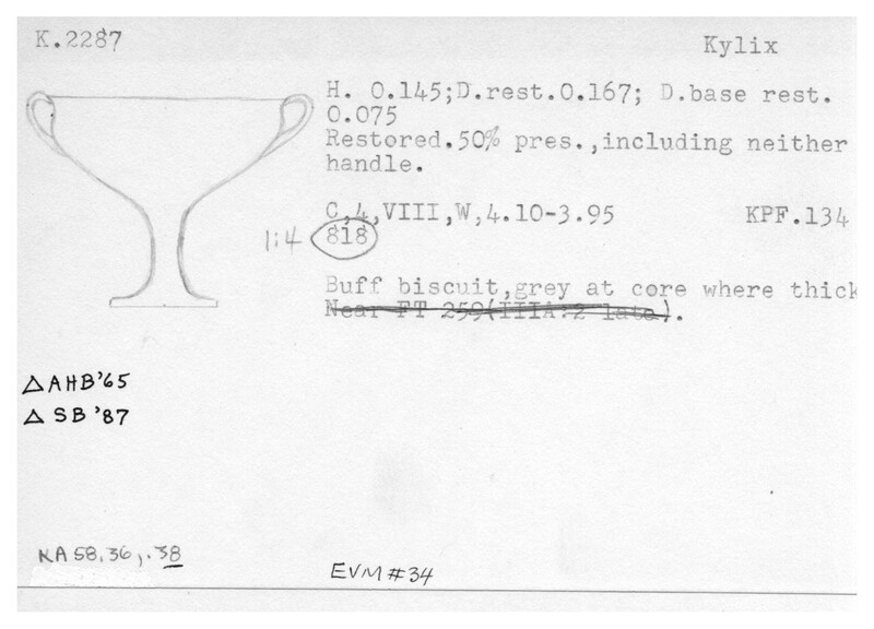 Index card with typed and handwritten information, sometimes including a sketch, of pottery from an excavation.