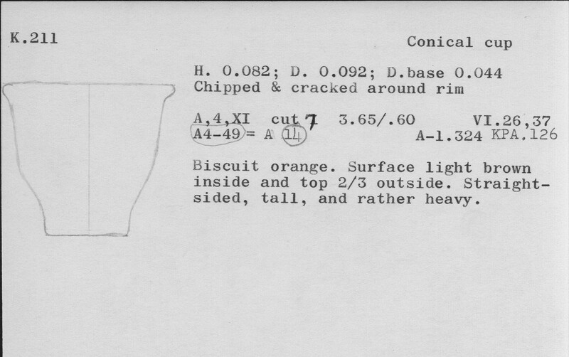 Index card with typed and handwritten information, sometimes including a sketch, of pottery from an excavation.