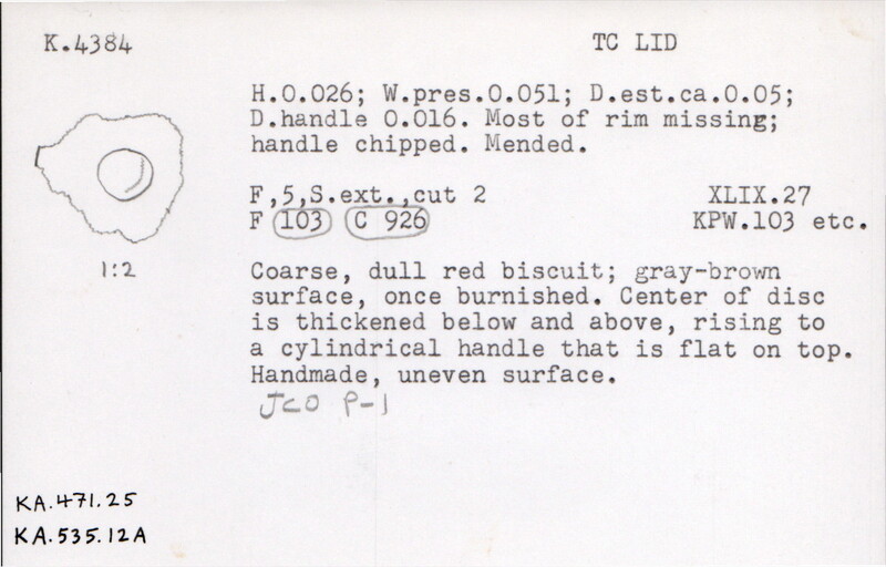 Index card with typed and handwritten information, sometimes including a sketch, of pottery from an excavation.