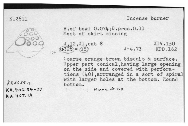 Index card with typed and handwritten information, sometimes including a sketch, of pottery from an excavation.