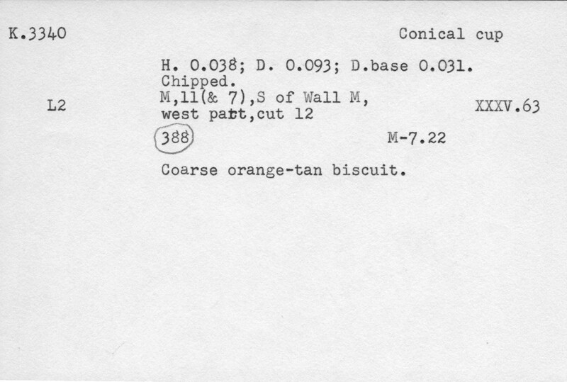 Index card with typed and handwritten information, sometimes including a sketch, of pottery from an excavation.