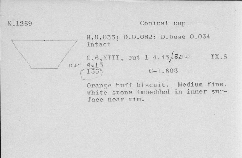 Index card with typed and handwritten information, sometimes including a sketch, of pottery from an excavation.