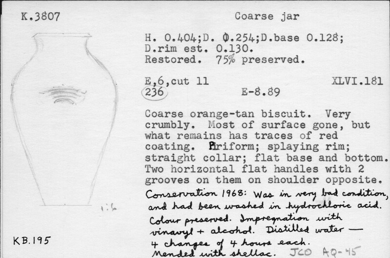 Index card with typed and handwritten information, sometimes including a sketch, of pottery from an excavation.