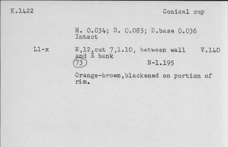 Index card with typed and handwritten information, sometimes including a sketch, of pottery from an excavation.