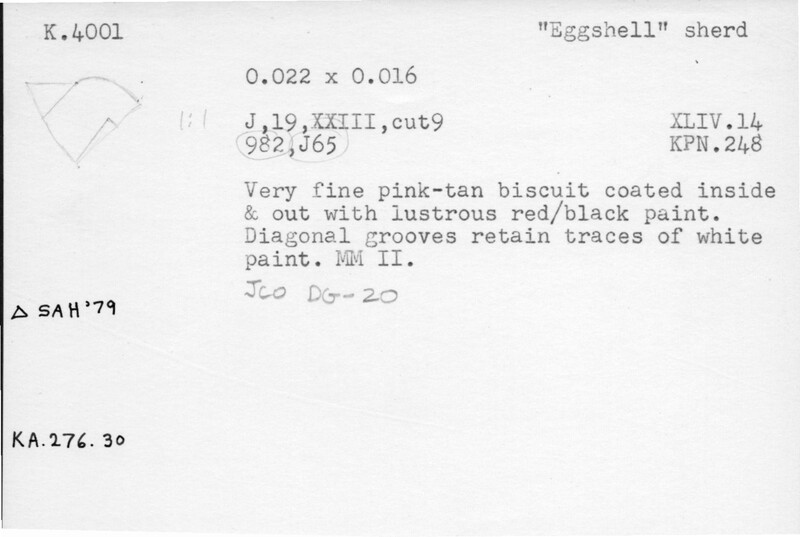 Index card with typed and handwritten information, sometimes including a sketch, of pottery from an excavation.