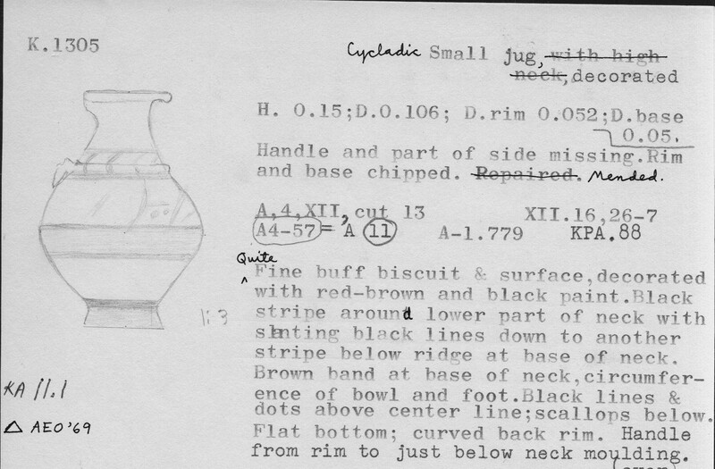 Index card with typed and handwritten information, sometimes including a sketch, of pottery from an excavation.