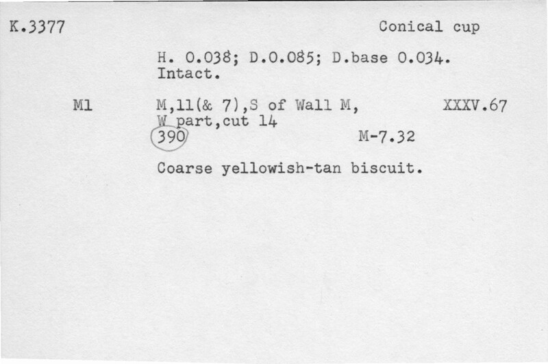 Index card with typed and handwritten information, sometimes including a sketch, of pottery from an excavation.