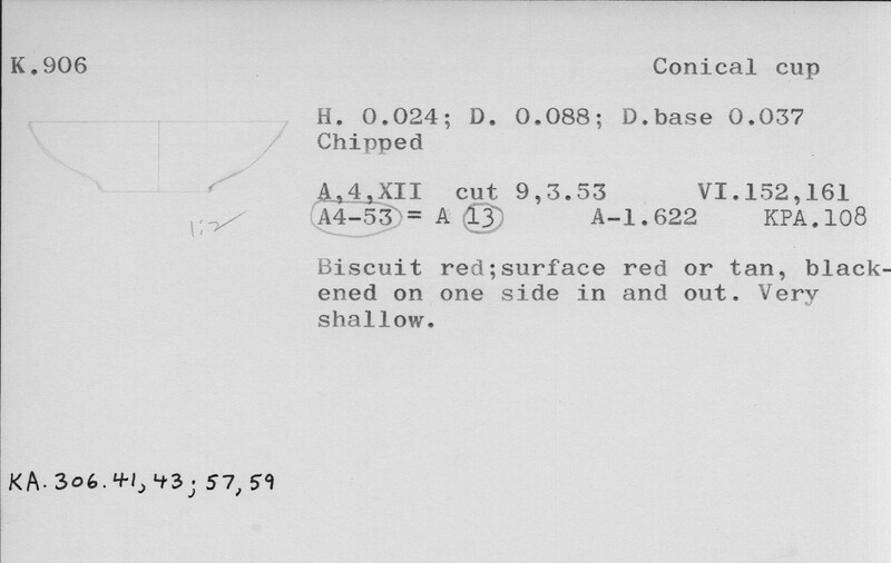 Index card with typed and handwritten information, sometimes including a sketch, of pottery from an excavation.