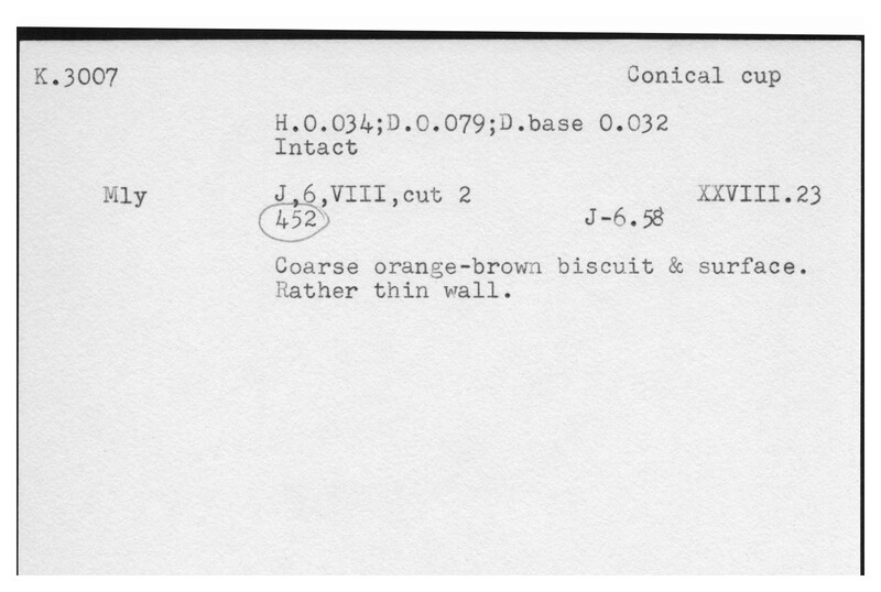Index card with typed and handwritten information, sometimes including a sketch, of pottery from an excavation.