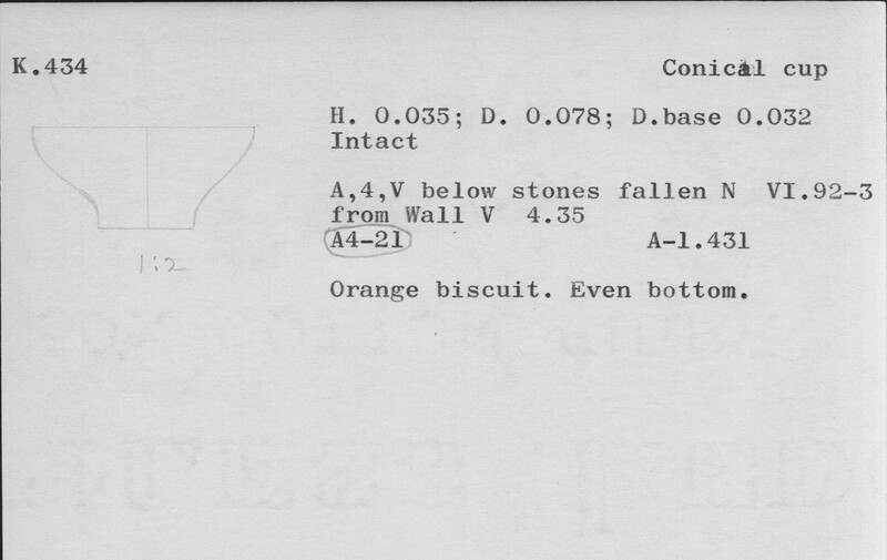 Index card with typed and handwritten information, sometimes including a sketch, of pottery from an excavation.