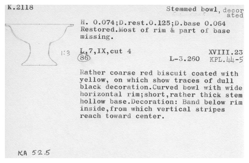 Index card with typed and handwritten information, sometimes including a sketch, of pottery from an excavation.