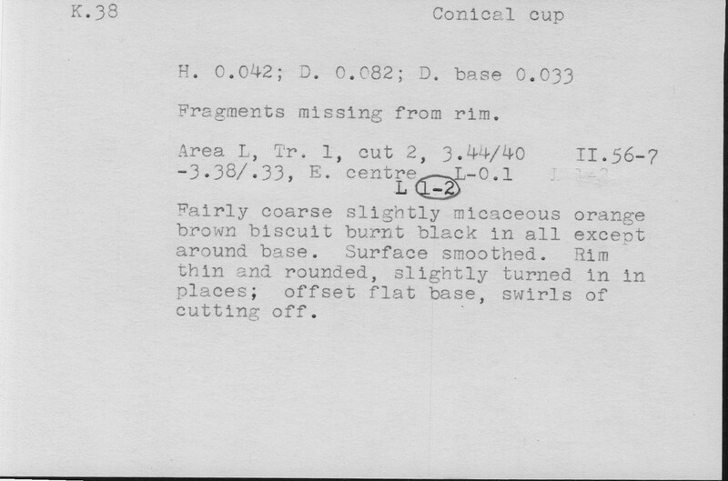 Index card with typed and handwritten information, sometimes including a sketch, of pottery from an excavation.