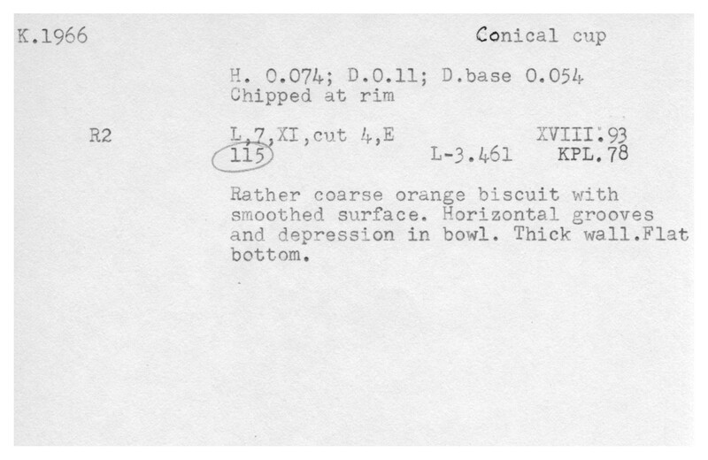 Index card with typed and handwritten information, sometimes including a sketch, of pottery from an excavation.
