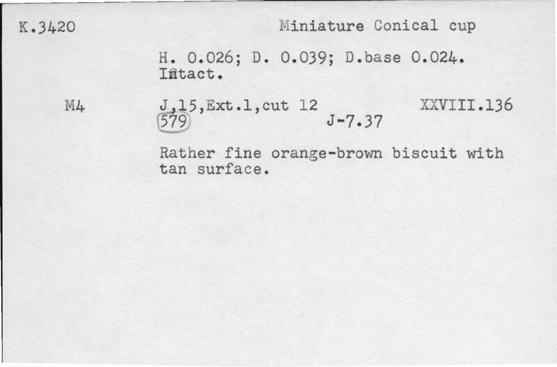 Index card with typed and handwritten information, sometimes including a sketch, of pottery from an excavation.