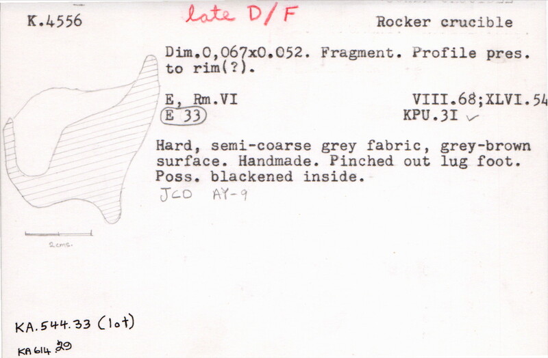 Index card with typed and handwritten information, sometimes including a sketch, of pottery from an excavation.