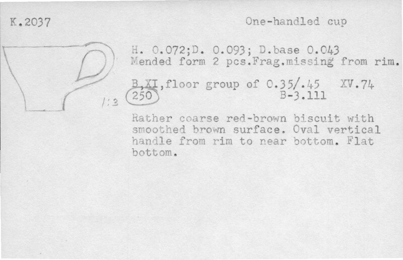 Index card with typed and handwritten information, sometimes including a sketch, of pottery from an excavation.