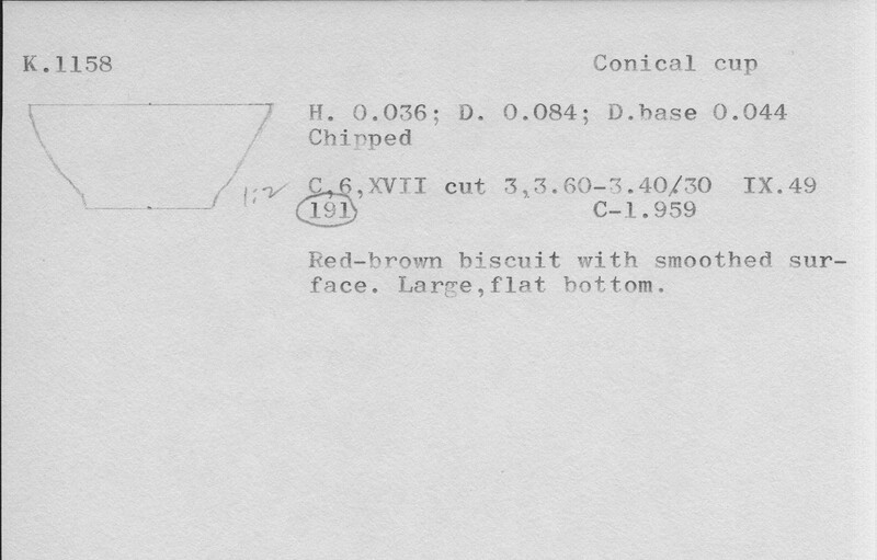 Index card with typed and handwritten information, sometimes including a sketch, of pottery from an excavation.